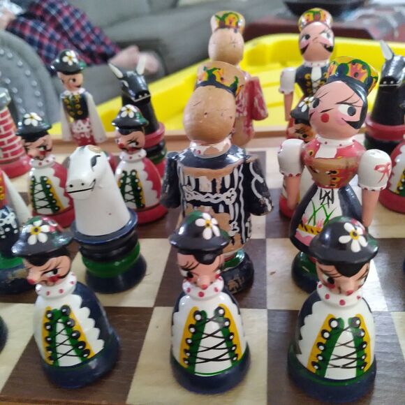 Antique Hand Painted Folk Art Wooden Chess Set Complete Eastern European - Picture 1 of 10